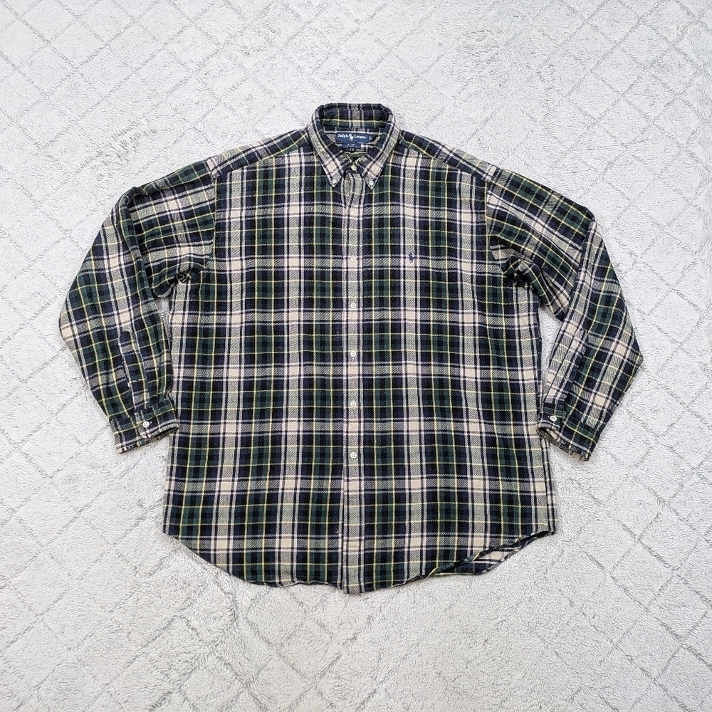 Ralph Lauren Shirt Mens XL Blue Green Plaid Flannel Blake Heavy Cotton Button Up
